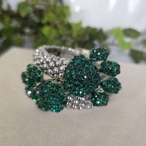 Statement Silver Emerald Green Paw Print Wrap Bracelet